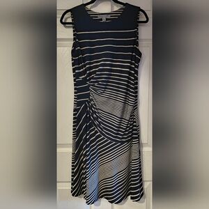 Danny & Nicole Sz L Navy and White Stripe Ruched Midi Dress